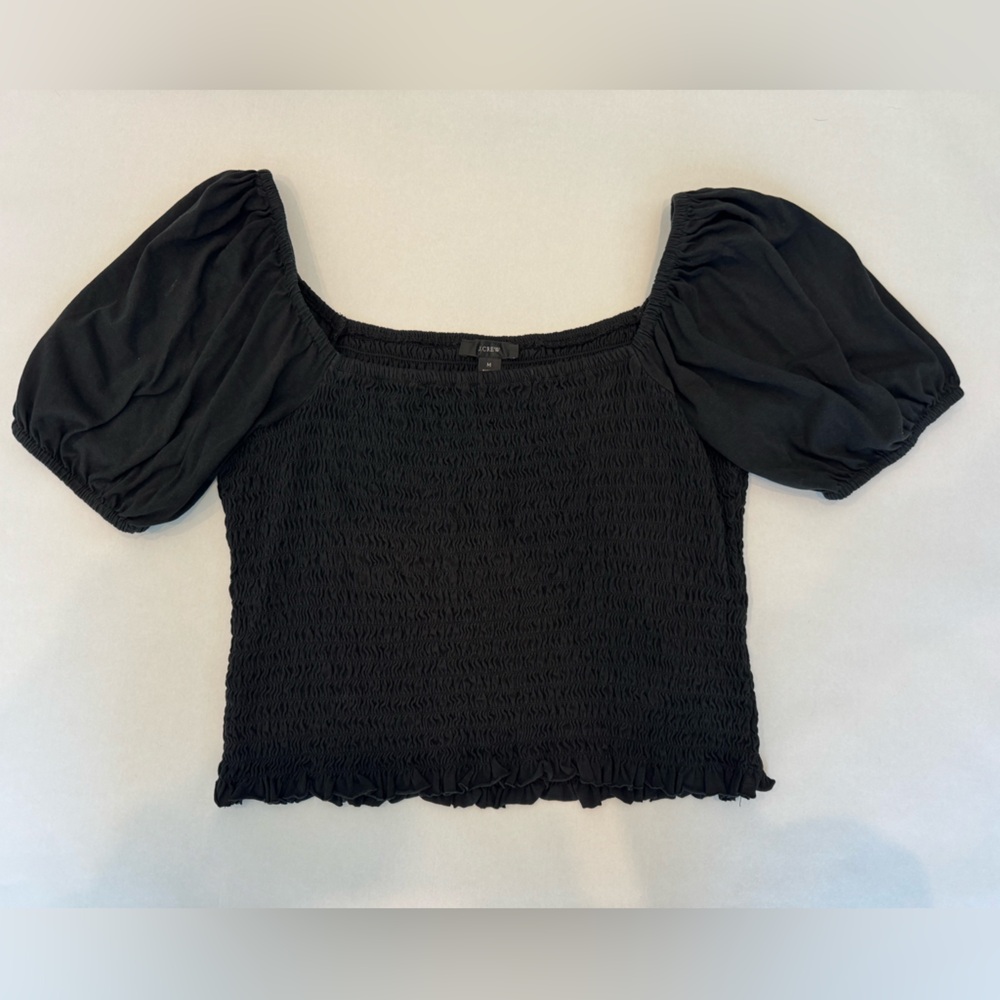 J. Crew Black Smocked Puff-Sleeve Crop Top